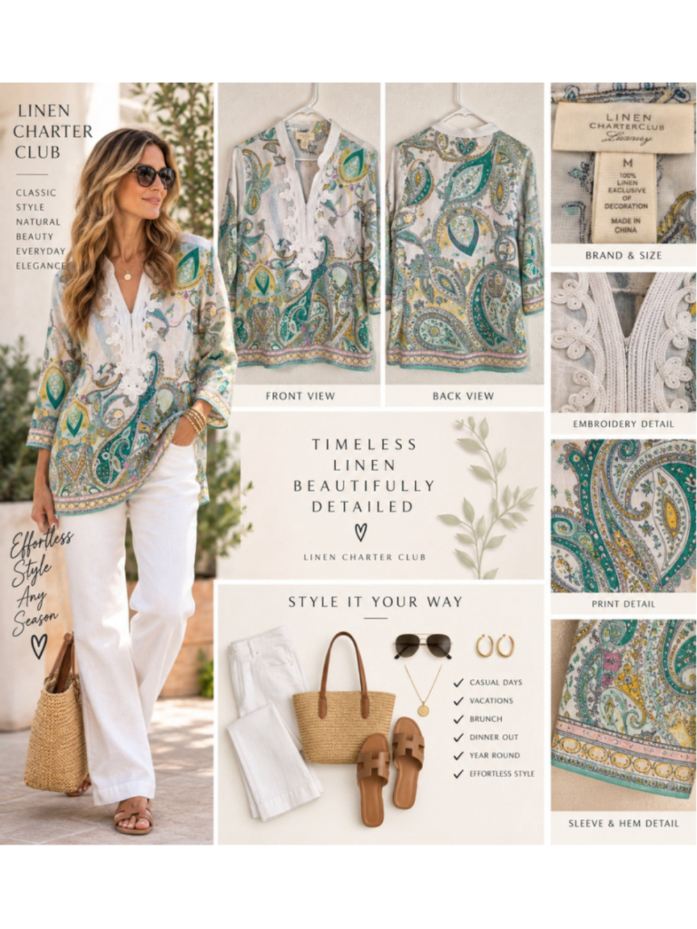 Charter Club 100% Linen Embroidered Tunic Blouse Paisley White Blue Size M W-172